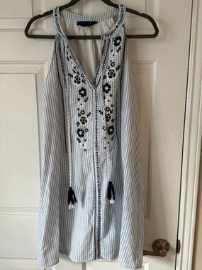 Blue Rain Blue & White Striped Embroidered Dress - Size Medium